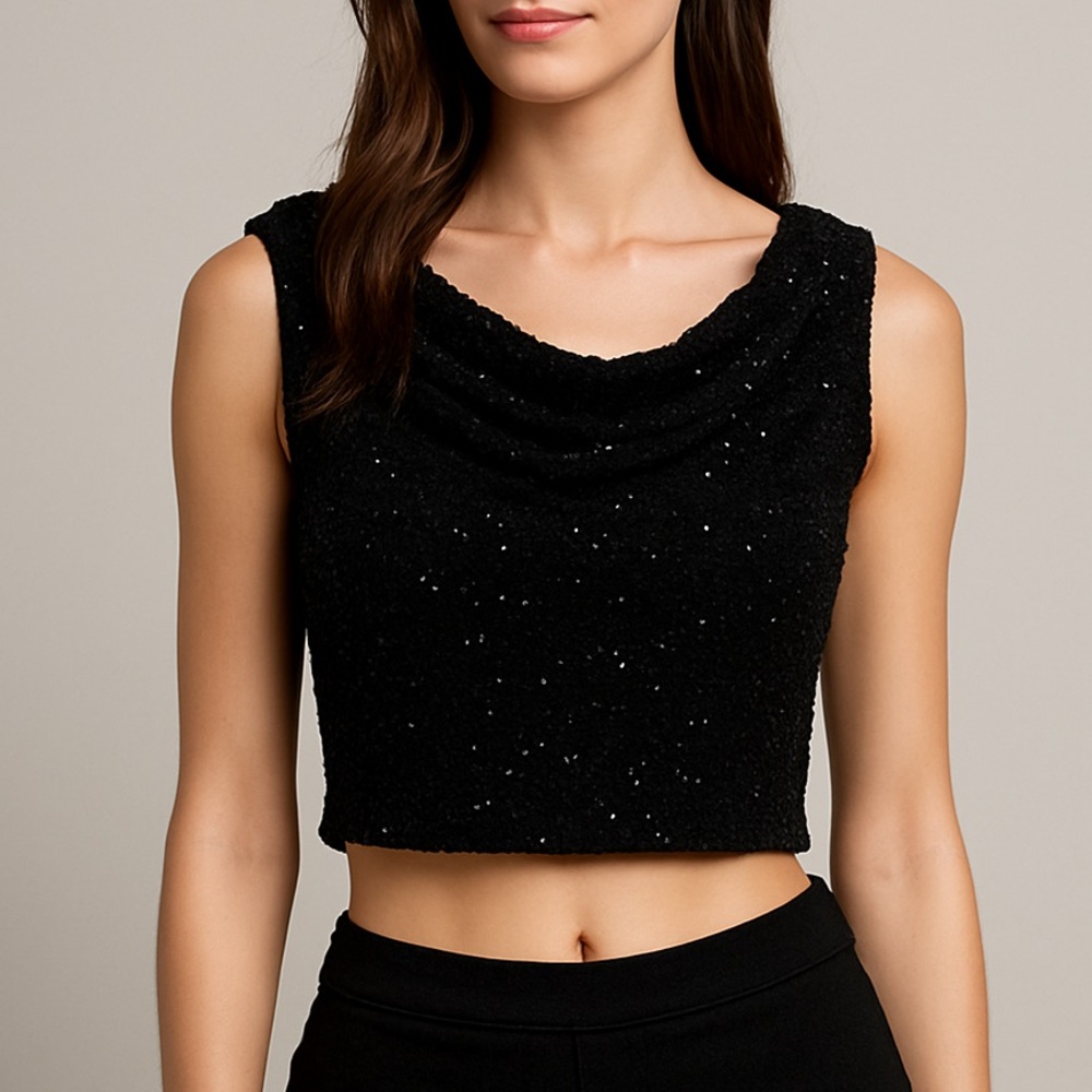 Cache Beaded Cropped Top Size 4 Black Sparkle Evening Party Dinner Event Night